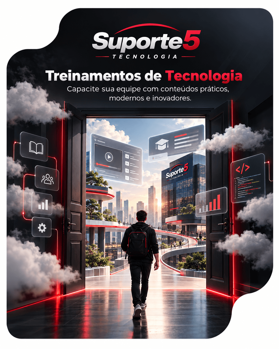 Estudante de mochila atravessa uma porta aberta rumo a uma cidade moderna, com o logo Suporte5 Tecnologia e a frase Treinamentos de Tecnologia